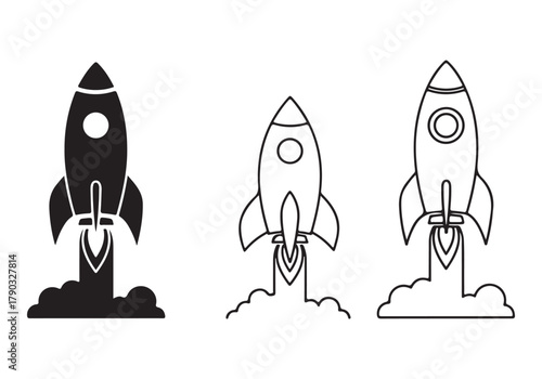 Rocket icon set, Business start-up symbol, Rocket launching sign, Vector in flat and outline design