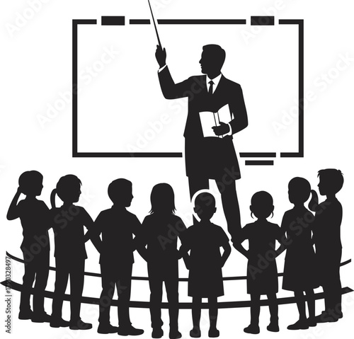 Teacher explaining lesson to group of students, classroom education vector illustration, learning and teaching concept, school instruction silhouette design