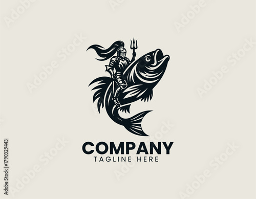 Medieval knight rides a large fish in motion symbol creative logo design