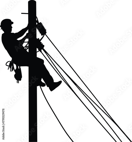 Utility worker silhouette climbing pole, safety harness, electrical lines, infrastructure maintenance, vector illustration, black and white, communication repair, professional technician art