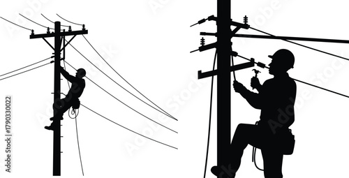 Utility workers climbing power poles, electrical maintenance silhouettes, linemen at work, high voltage infrastructure, dangerous job, energy transmission, black vector illustration
