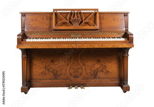 Фотография Isolated wood piano, a vintage antique upright musical instrument for concert ha