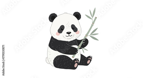 Adorable cartoon panda bear sitting and holding a stalk of bamboo, smiling.