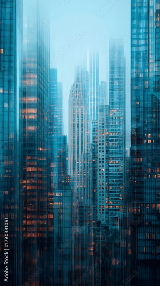 Obraz premium A misty urban skyline featuring towering skyscrapers, illuminated windows, and a cool blue color palette, evoking a sense of modern city life.