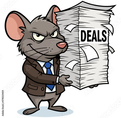 Cartoon Mouse Businessman Holding Stack of Deals.