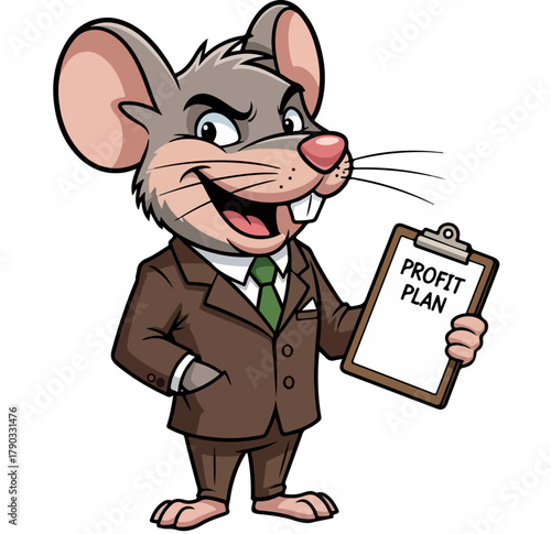 Cartoon Mouse in Business Suit Holding Profit Plan Clipboard.