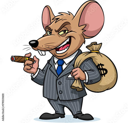 Cartoon Rat in Pinstripe Suit Holding Cigar and Money Bag.