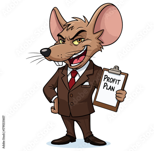 Cartoon Rat Businessman Holding Profit Plan Clipboard with Evil Grin.