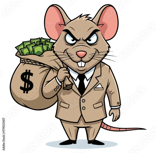 Cartoon Rat in Suit Carrying Bag of Money.