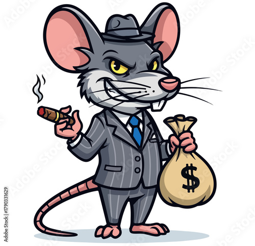 Cartoon Rat in Suit Holding Money Bag and Cigar.