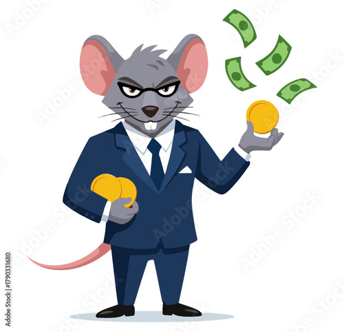 Cartoon Rat in Suit with Money Business Cartoon Character.
