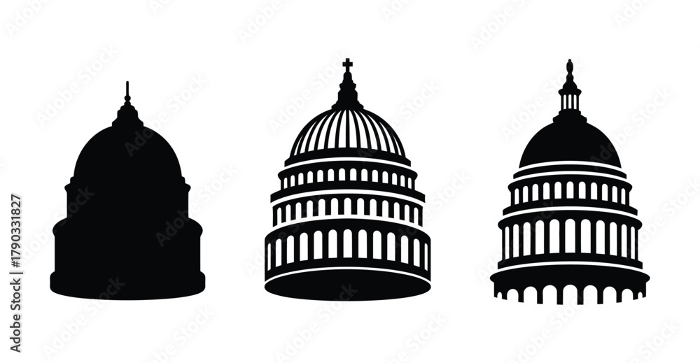 Naklejka premium Capitol Dome Silhouette Icons: Government, Building, Law, DC