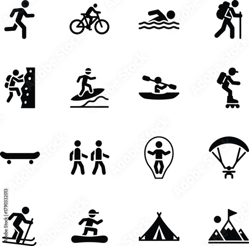 A collection of black silhouette icons representing various outdoor sports and leisure activities.