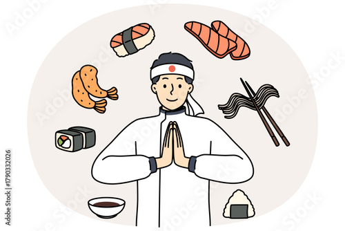 Man chef of japanese restaurant invites to eat sushi or maki rolls with rice and fresh salmon. Asian guy from oriental cuisine cafe makes welcoming gesture, standing near maki rolls and fried shrimp