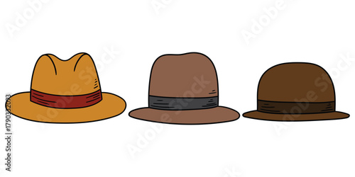 Hand-drawn cartoon set of brown hats on a white background.