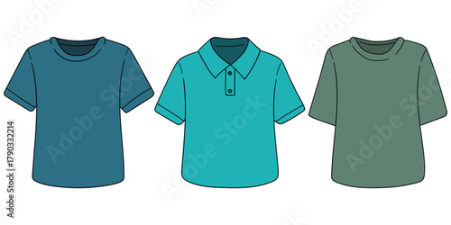 Hand-drawn cartoon set of colored t-shirts on a white background.