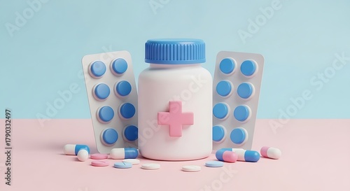 Pharmaceutical bottle with blister packs and pills, medical and health care concept