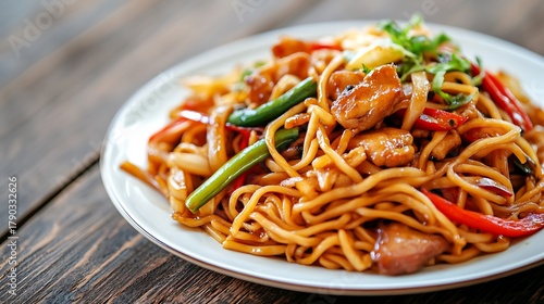 Delicious chicken lo mein with fresh vibrant vegetables, perfect for a quick and satisfying meal at home or in a restaurant setting