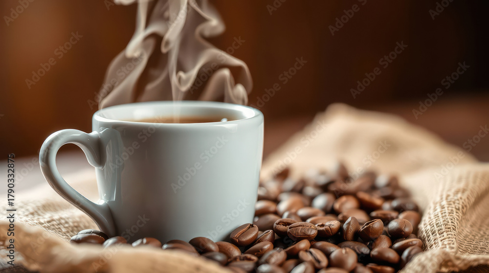 Obraz premium Tazza di caffè fumante su sacco di juta con chicchi sparsi. Generative AI