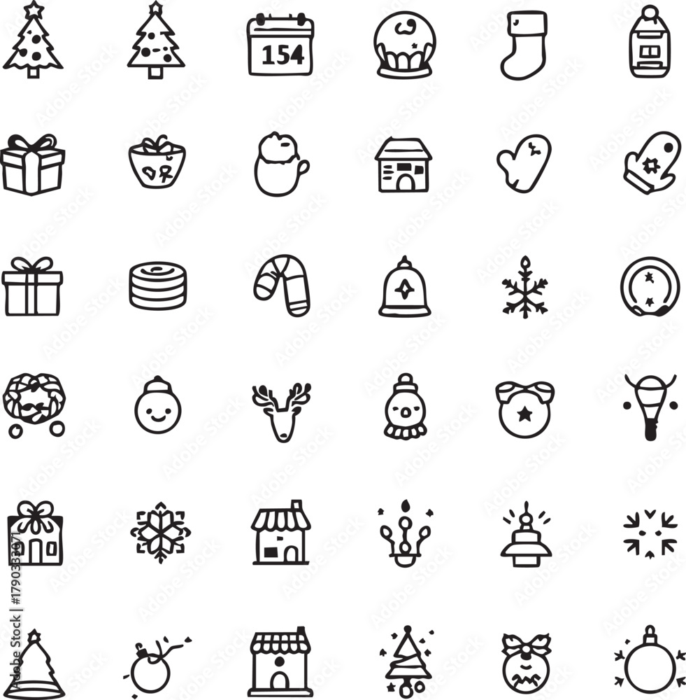 Fototapeta premium Christmas icon grid with trees, gifts, ornaments, snowflakes, stockings, mittens, candy canes, bells, and festive symbols