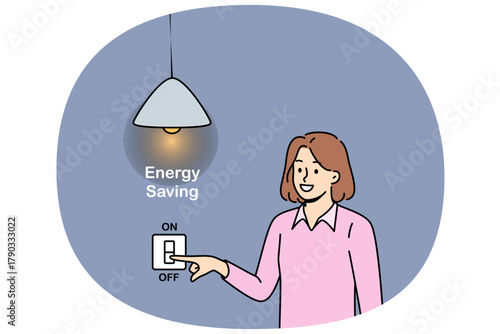 Woman is engaged in energy saving and turns off lights in apartment to minimize damage to nature. Girl activist cares about energy saving and smiles calling for awareness and responsibility for future