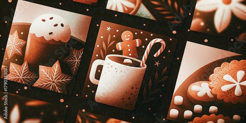 Winter Holiday Treats and Festive Decorations on a colorful Background. 