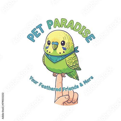 Cute budgie bird perched on finger with pet shop logo text