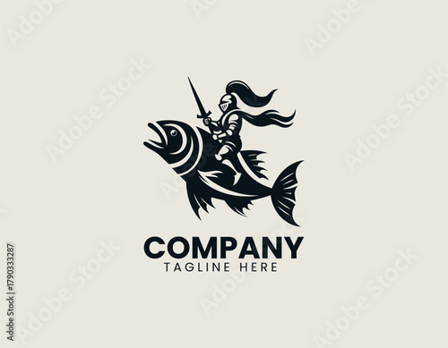 Medieval knight rides a large fish in motion symbol creative logo design