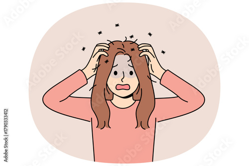 Woman has contracted lice and is itching due to lice crawling through hair and needs medication for treatment. Pediculosis and harmful parasites cause stress in little girl, violating hygiene rules