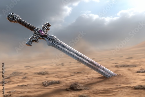 Epic Ornate Sword Stuck In Desert Sand Under Dusty Sky With Dramatic Lighting