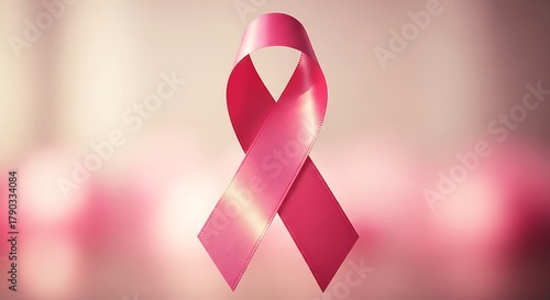 Symbolic pink ribbon for breast cancer awareness on a soft, blurred, feminine background