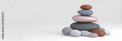 Stacked Colorful Smooth Stones on White Background with Soft Lighting Calm Serenity and Balance Concept