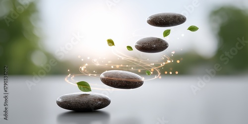 Smooth Dark Stones Floating With Green Leaves and Golden Sparkles on a Grey Surface Outdoors