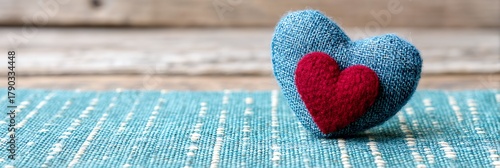 Two Textured Hearts One Large Blue One Small Red On Blue Fabric With Wood Background