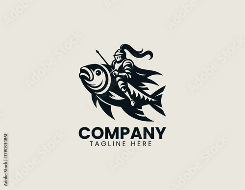 Medieval knight rides a large fish in motion symbol creative logo design