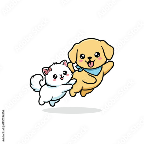 Cute cartoon dog and cat playing together cheerfully