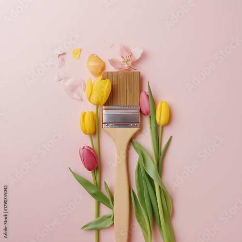 Creative conceptual flat-lay featuring a paintbrush whose bristles are substituted with fresh tulips and green leaves, arranged to create the illusion of the flowers painting.