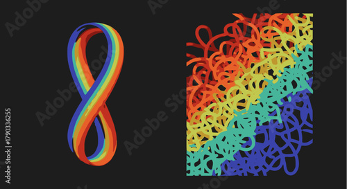 Set of two abstract vector graphics: a vibrant 3D figure-eight rainbow ribbon and a dense, colorful tangle of looping lines with diagonal color zoning, both isolated on a dark background. Artistic dig