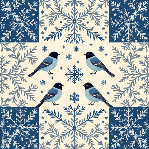 Seamless New Year pattern with birds and snowflakes in white and blue colors. Christmas design for holiday backgrounds, wallpapers, interior decorations, tiles, wrapping paper, napkins, etc.