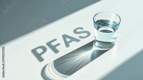 Glass of water casting PFAS shadow, toxic chemicals, contaminated drinking water, environmental pollution, health risk, clean water crisis, chemical exposure, modern contamination, water safety