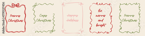 Set of Christmas card templates with hand drawn frames and festive quotes in red, green, and pink. Minimal doodle line art style on beige background