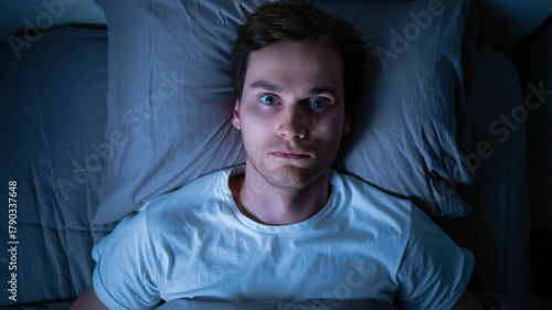 Man lying awake in bed at night, insomnia, sleep disorder, anxiety, restlessness, mental health issue, sleepless night, dark bedroom, stress response, nighttime struggle