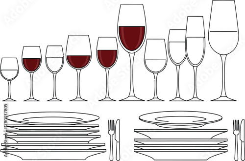 Assortment of Wine Glasses Plates and Cutlery on White Background fork knife