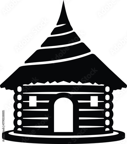 Black Silhouette of a Log Cabin with Conical Roof on White Background house dwelling