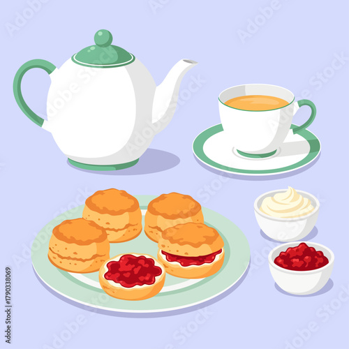 A cozy vector illustration depicts a traditional English afternoon cream tea, complete with a steaming teapot, a fresh cup, and delicious scones served with jam and clotted cream