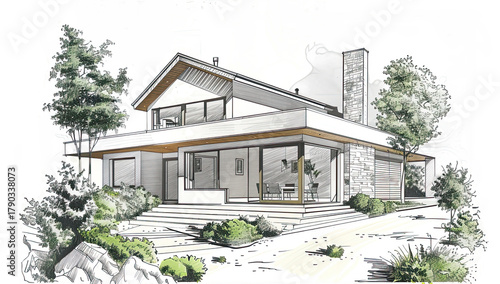 Visualization of the house design placed on a plan - architectural concept