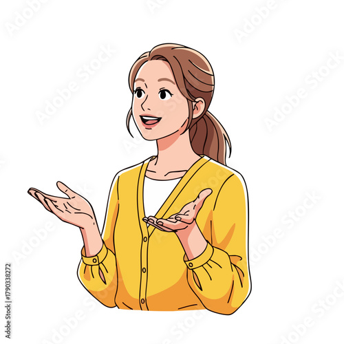 Animated Woman Explaining with Open Hands in Yellow Cardigan.
