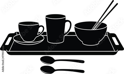 Black Tray With Coffee Cup Bowl Chopsticks And Two Spoons serving tray