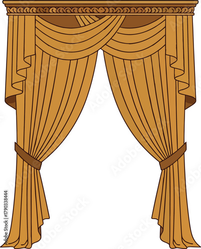 Elegant Golden Draped Stage Curtains with Decorative Top Border drapery theater