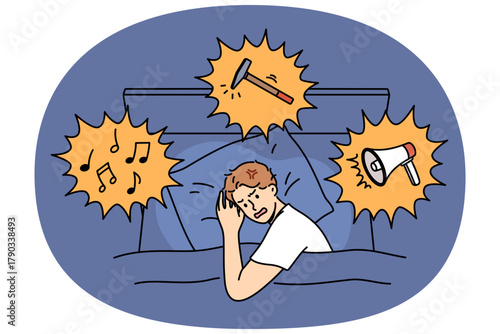 Noisy neighbors disturb sleep of irritated man lying in bed at night and in need of sleeping pills. Problem noisy neighbors causes insomnia for guy hearing sounds of music or using hammer for repairs